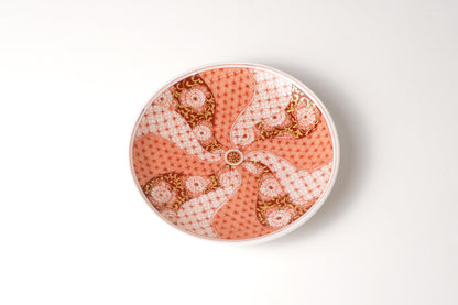 Kutani Art Small Plate, Red and White Design of Floral Scroll, Supervised by Reiko Fukushima