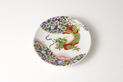 Kutani Art Small Plate, Overglaze Enameling, Design of Flowers and Dragons, Supervised by Takashi Satoh