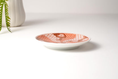 Kutani Art Small Plate, Red and White Design of Floral Scroll, Supervised by Reiko Fukushima
