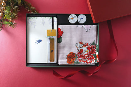 Christmas Limited Edition Artist Gift Set | Wisteria and Swallow Notebook, Flower-Stuffed Maneki Neko Furoshiki Wrapping Cloth, Gold Leaf Bookmark (Kawada Satomi)