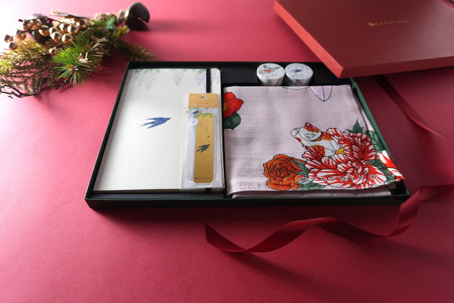 Christmas Limited Edition Artist Gift Set | Wisteria and Swallow Notebook, Flower-Stuffed Maneki Neko Furoshiki Wrapping Cloth, Gold Leaf Bookmark (Kawada Satomi)