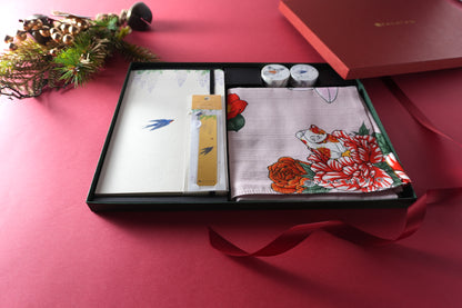Christmas Limited Edition Artist Gift Set | Wisteria and Swallow Notebook, Flower-Stuffed Maneki Neko Furoshiki Wrapping Cloth, Gold Leaf Bookmark (Kawada Satomi)