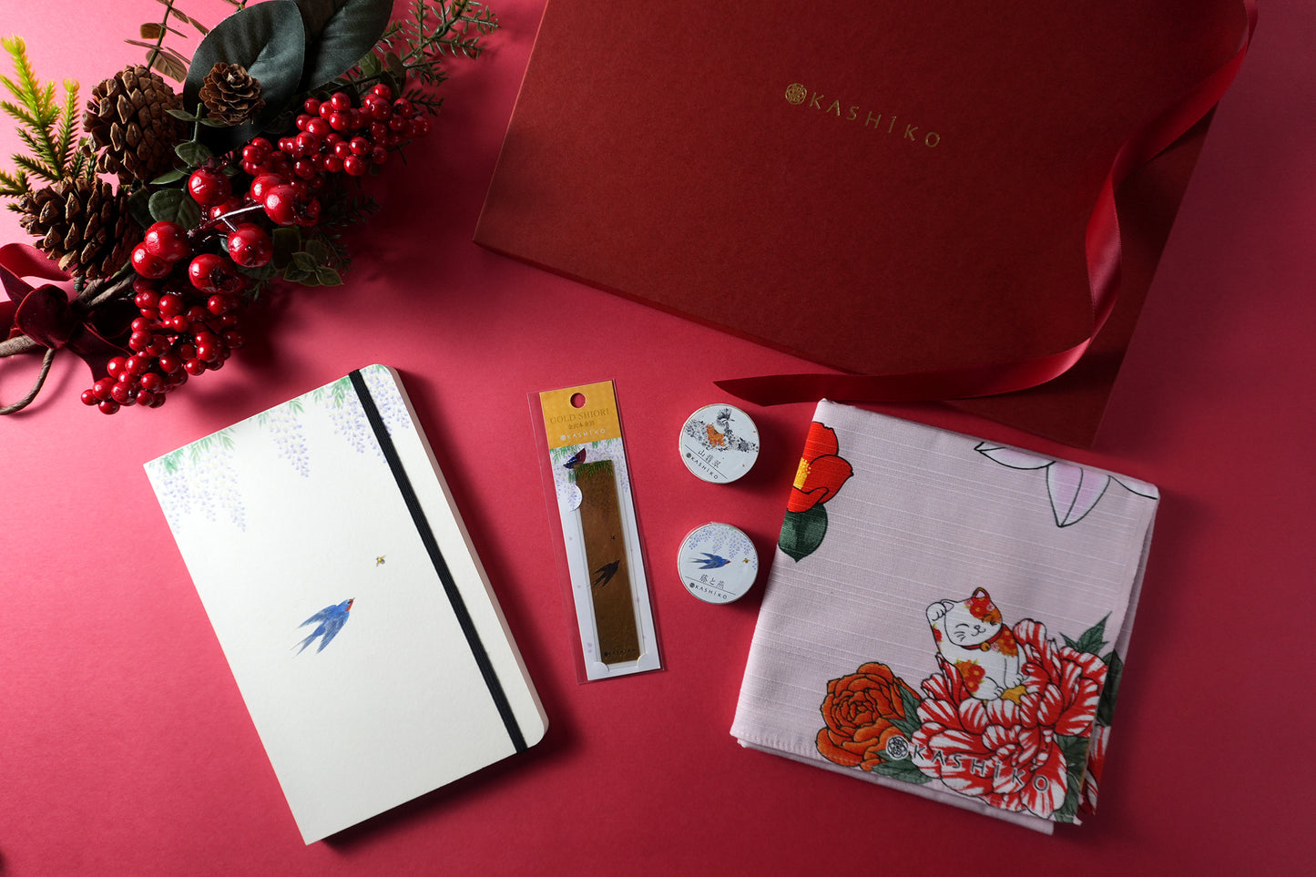 Christmas Limited Edition Artist Gift Set | Wisteria and Swallow Notebook, Flower-Stuffed Maneki Neko Furoshiki Wrapping Cloth, Gold Leaf Bookmark (Kawada Satomi)