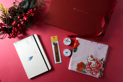 Christmas Limited Edition Artist Gift Set | Wisteria and Swallow Notebook, Flower-Stuffed Maneki Neko Furoshiki Wrapping Cloth, Gold Leaf Bookmark (Kawada Satomi)