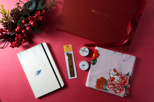 Christmas Limited Edition Artist Gift Set | Wisteria and Swallow Notebook, Flower-Stuffed Maneki Neko Furoshiki Wrapping Cloth, Gold Leaf Bookmark (Kawada Satomi)