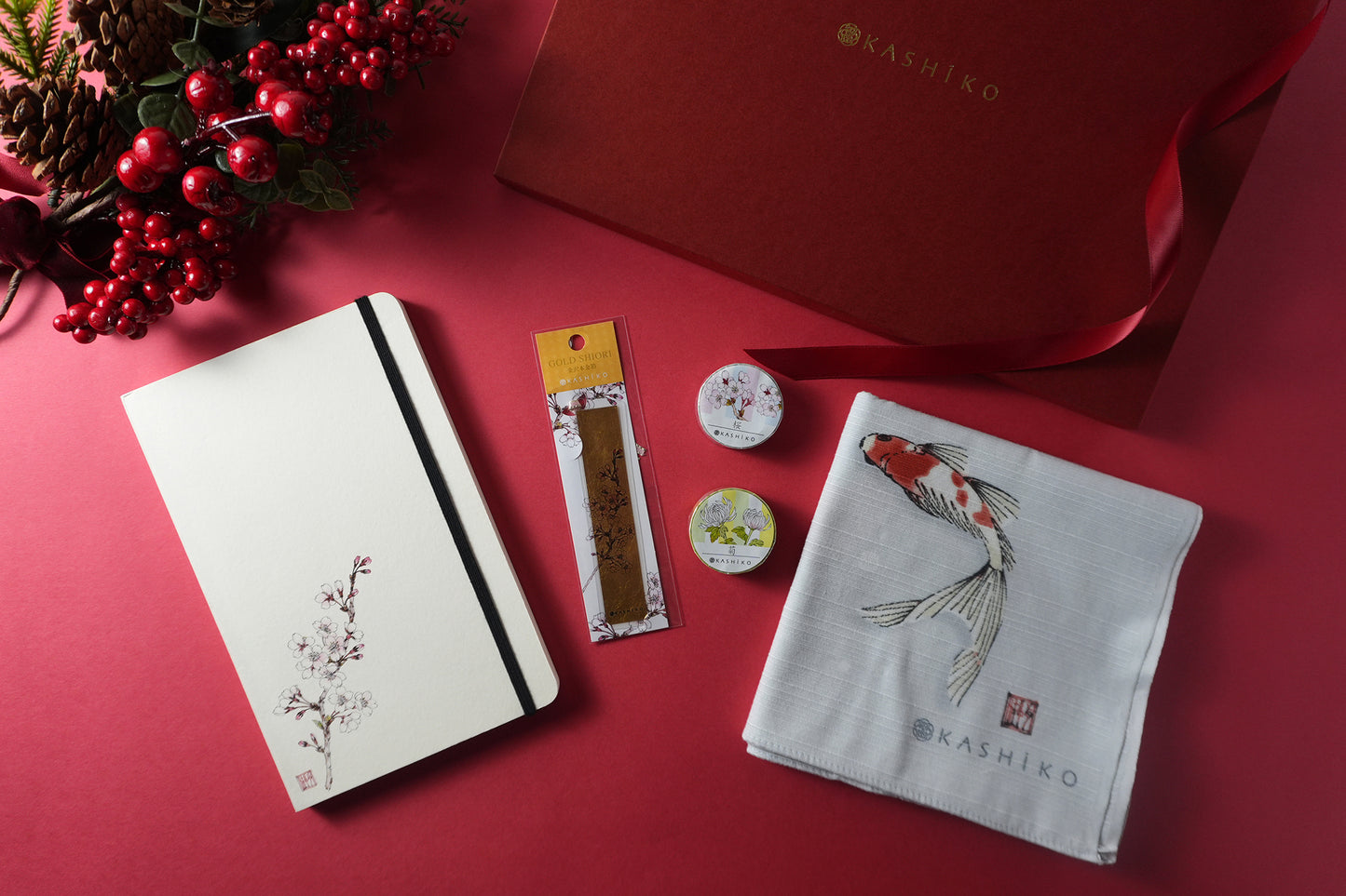 Christmas Limited Edition Artist Gift Set | Sakura Notebook, Goldfish Furoshiki Wrapping Cloth, Gold Leaf Bookmark (Yukika Shibata)