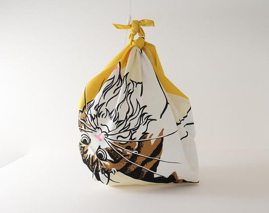 Japanese Furoshiki Wrap – Wagara Cat Yellow | Hand-Dyed in Kyoto | Sustainable Cotton Gift Wrap 