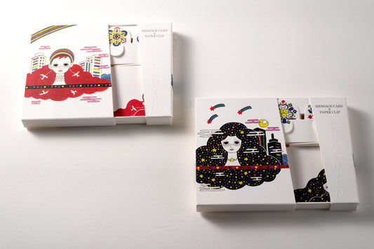 Ensemble de 2 cartes de message et trombones | Rêverie Soleil et Arc-en-ciel &amp; Lune et Étoiles | Artiste Yuko Kawashima | KASHIKO